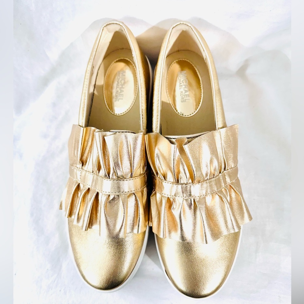 Michael Kors New Bella Sip on Ruffle Metallic Leather Platform Flats - Picture 6 of 17